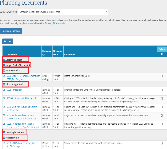 Planning Documents Main Screen